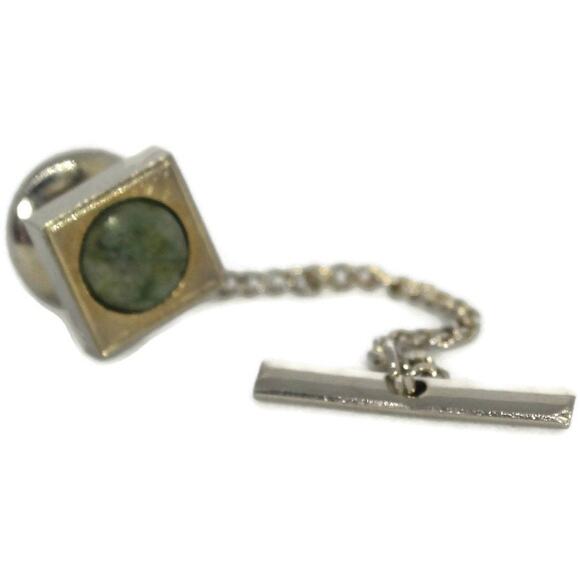 Vintage Gold and Green Stone Tie Tack with Chain, Vintage Men's Accessories - Picture 3 of 10